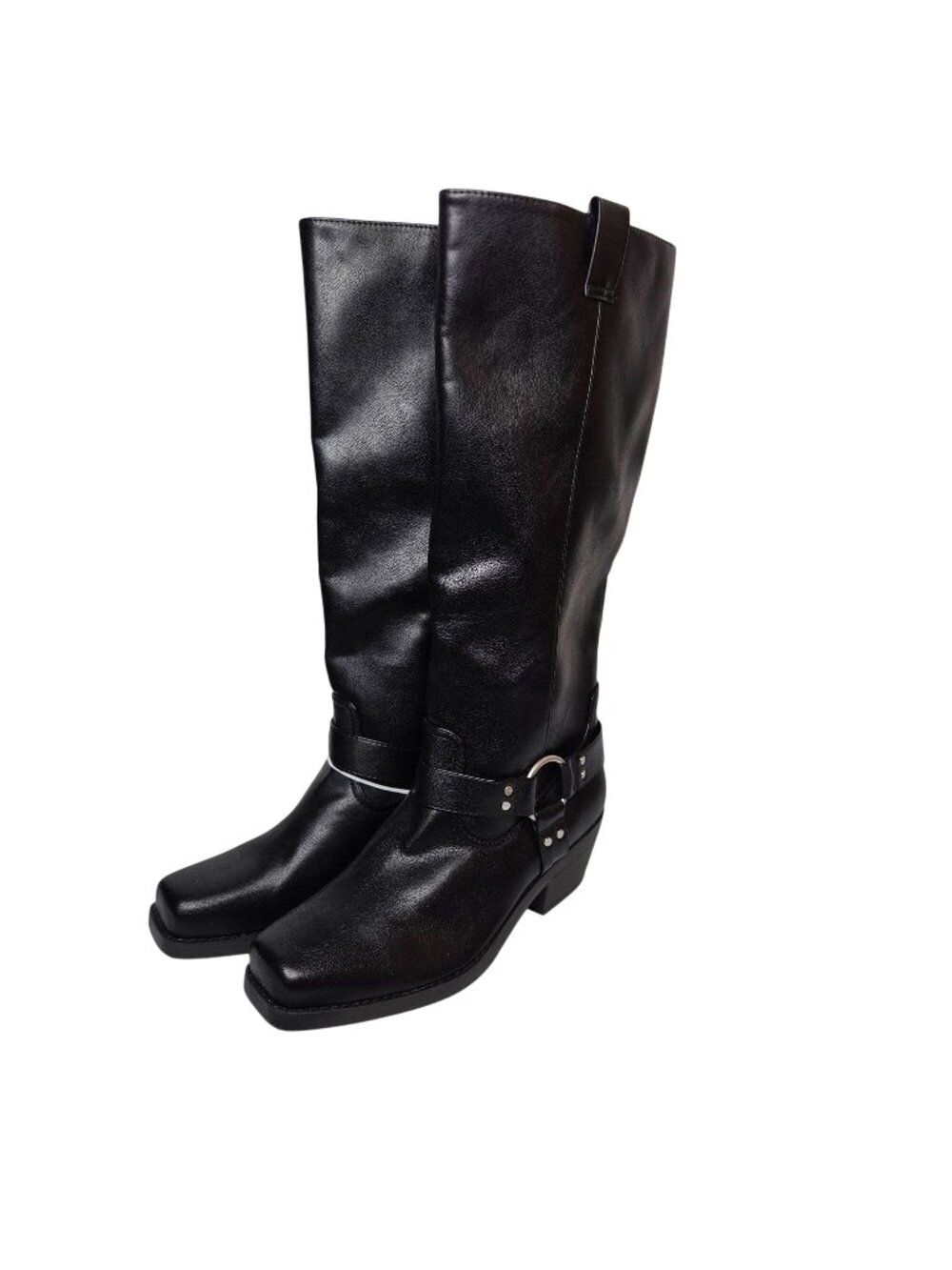 Black Knee-High Western Boots With Harness Strap And Low Heel Size 8.5 Womens